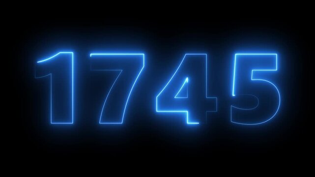 Glowing neon blue number 1745 animation on black background, for digital countdown, and timer projects