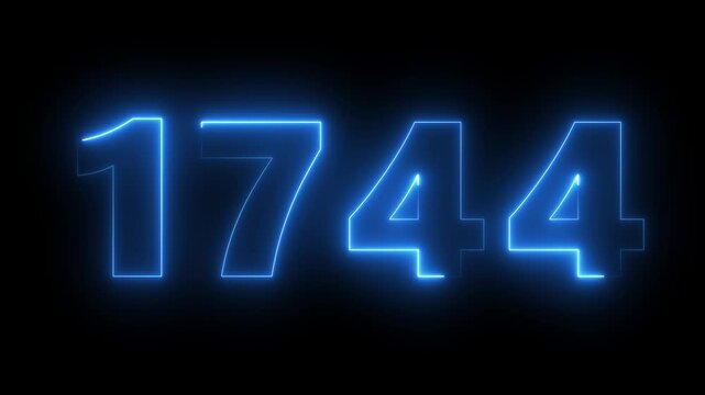 Glowing neon number 1744 sign with electric blue light flicker effect on black background