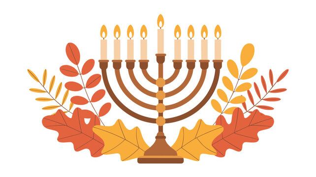 Hanukkah Menorah Vector Jewish Holiday Illustration with Autumn Leaves