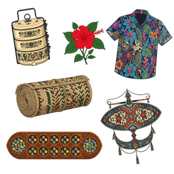 Flat vector illustration set of traditional Malaysian culture, heritage objects, and traditional games isolated on white background