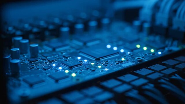 Macro view of a glowing electronic circuit board showing complex data flow and futuristic computing technology.