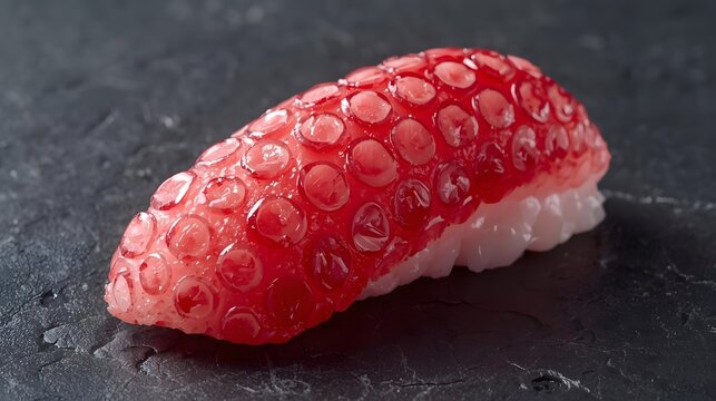 A glistening piece of octopus nigiri sushi showcasing the unique texture of suction cups on a dark stone background.
