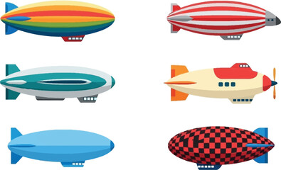 Colorful Airship Zeppelin Icon Set with Retro Blimp Designs for Aviation, Air Travel, Transportation and Vintage Flying Vehicle Collection © Rubya