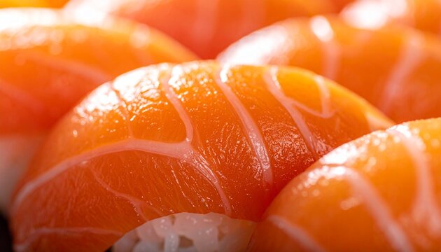 握り寿司・クローズアップ・断面・鮮度・マグロ・サーモン/Nigiri sushi macro close-up, fish texture detail, fresh tuna salmon marbling food photography