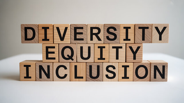 Wooden blocks spelling diversity equity inclusion emphasizing advanced technology and cyber security