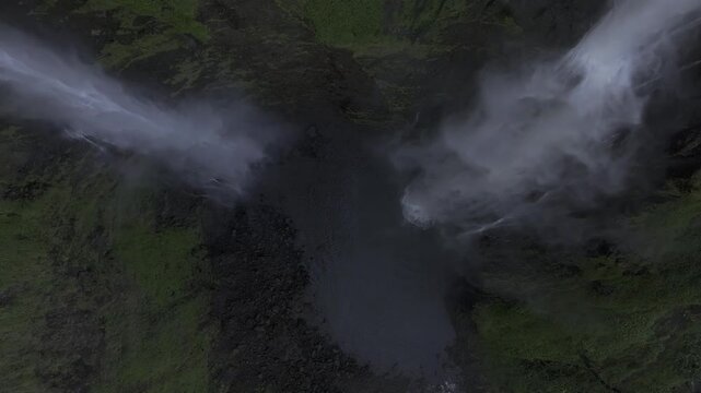 Thrilling zipline experience over Tad Fane twin waterfalls in Bolaven Plateau, Laos - Aerial drone shot ( HLG log )
