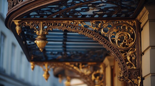 ironwork. Ornate Art Nouveau porch with intricate ironwork during golden hour. real-estate listings, architecture portfolios, designed for architectural facade and classical detail presentations.