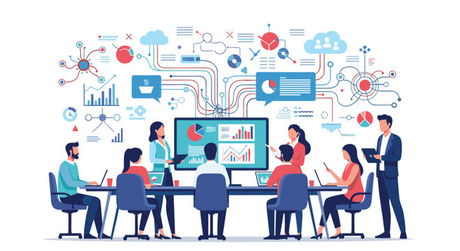 Business technology and data analysis meeting with a large diverse team collaborating on complex information projects.