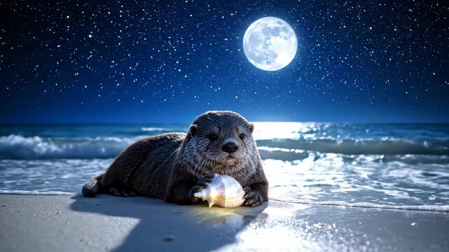 A sea otter resting on a sandy beach under a mystical full moon, looking at a seashell during nighttime.