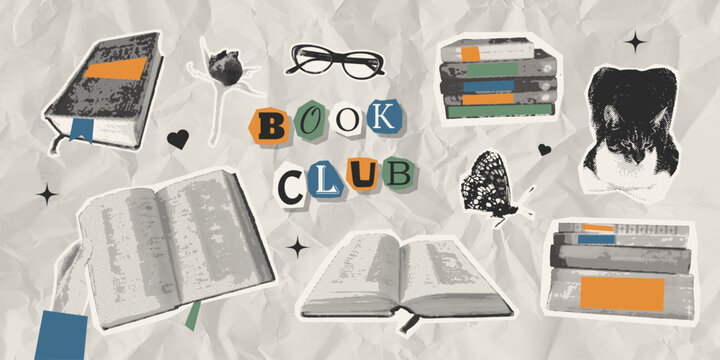 Book lovers halftone collage cutout set with hands holding book, open books, butterfly, cat, glasses and floral element. Vintage style for scrapbook, stickers and journaling. Vector illustration