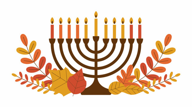 Hanukkah Menorah Vector Jewish Holiday Illustration with Autumn Leaves