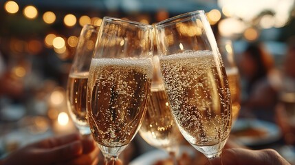 Naklejka premium Festive Sparkling Golden Champagne Glasses Clinking Together in a Celebratory Toast at an Elegant Evening Party Event