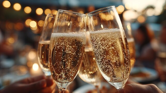 Festive Sparkling Golden Champagne Glasses Clinking Together in a Celebratory Toast at an Elegant Evening Party Event