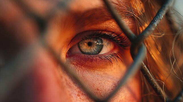 Vibrant Close-up Portrait of a Woman's Hazel Eye Staring Through a Chain Link Fence at Sunset