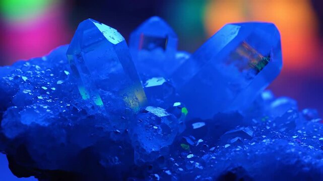 Macro view of glowing blue and purple crystals on rough rock, highlighting natural mineral geology and crystalline structure.