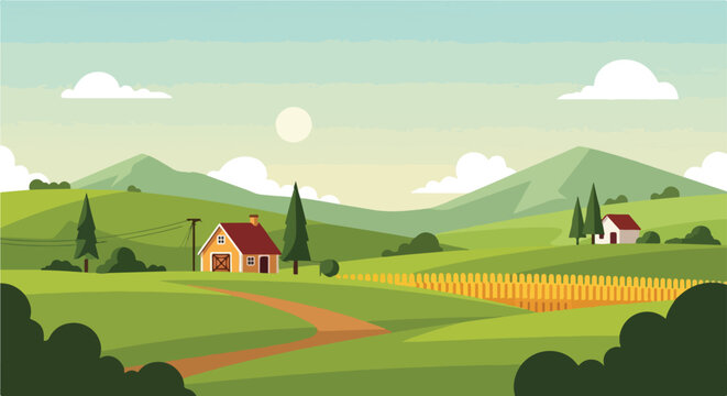 A serene countryside scene with rolling hills and houses
