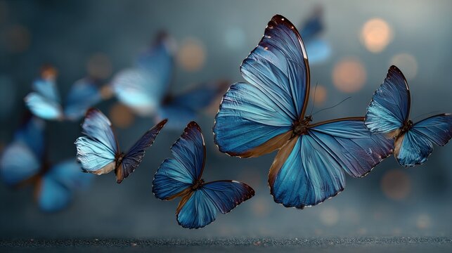 Ethereal Graceful Blue Morpho Butterfly Flight Display with Shimmering Wings and Dreamy Bokeh Background Nature