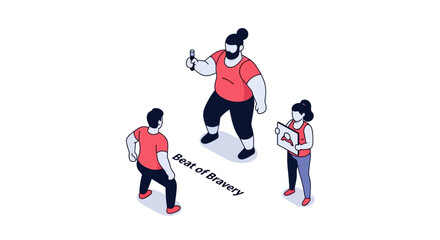 Fototapeta premium Isometric Illustration of People with a Sign and Phone, Best of Bravery.
