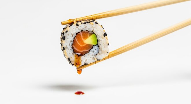 A single sushi roll with salmon and avocado held by chopsticks isolated on white background