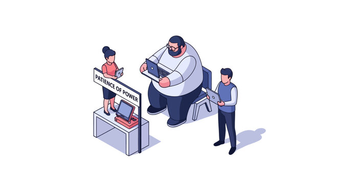 Isometric Illustration of People Interacting with Laptop Computers at a Tech Demo.