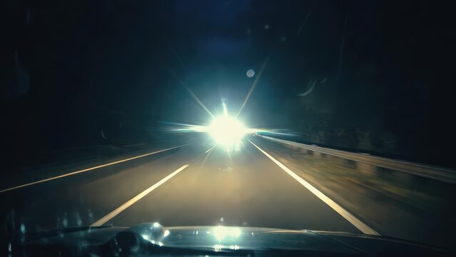 Dramatic road safety concept showing a driver struggling with intense oncoming headlights at night. Bright high-beam glare reduces visibility and creates a dangerous driving situation. Visual represen