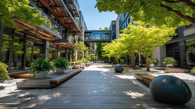 Modern Urban Architectural Courtyard with Green Trees and Wooden Pedestrian Walkway between Contemporary Buildings on a Sunny Day