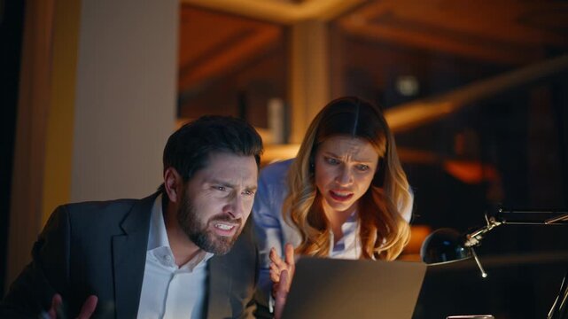 Colleagues quarrelling virtual meeting complaining on problem in office closeup.