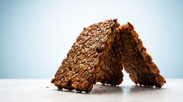 Hero Shot Fried Tempeh Slabs Blue Copy Space