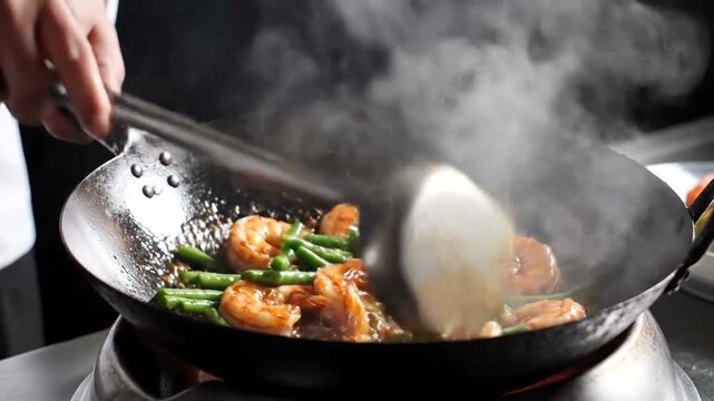 Chef skillfully stir-frying shrimp and green beans in a hot wok, steam rising, kitchen backdrop