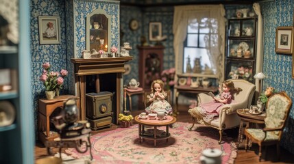 Fototapeta premium A dollhouse interior with fully furnished rooms and miniature furniture.