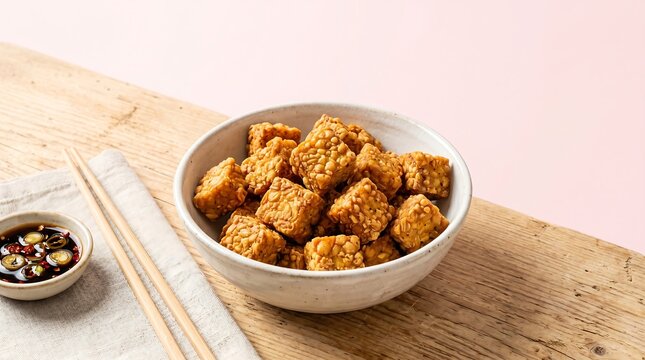 Fried Tempeh Cubes in Bowl Pink Background Copy Space