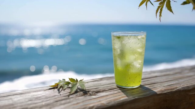 木の手すりにアイス緑茶のグラスを置き海風と若葉の影が涼しさを伝える