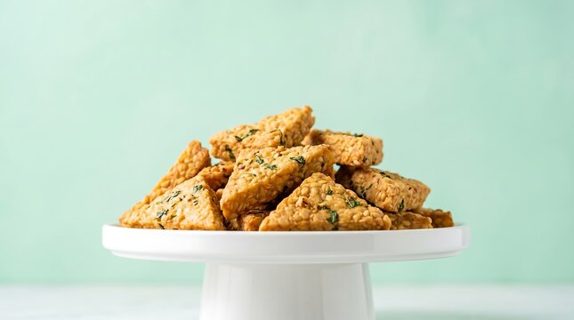 Minimalist Row of Fried Tempeh Slices White Copy Space