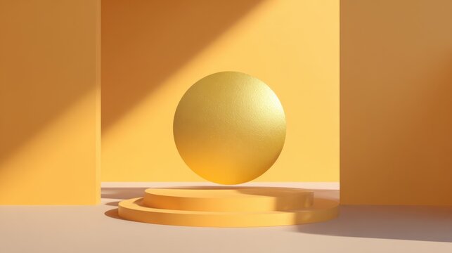 Golden Sphere of Illumination: A solitary, radiant golden sphere levitates in an architectural embrace of warm ochre and sunlight, exuding an aura of elegance and simplicity.