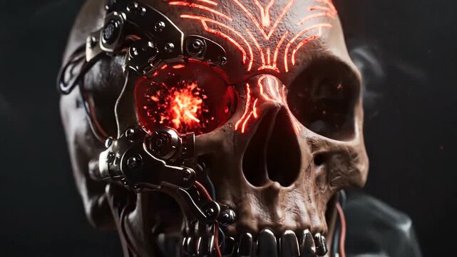 Futuristic cyborg skull with glowing red eye and intricate mechanical details against dark backdrop