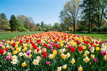 Obraz premium Colorful spring flowerbed of tulips and daffodils in a beautiful public park