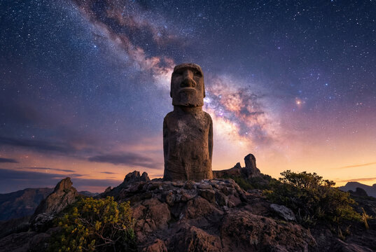 Awe inspiring rapa nui moai monolith on a hill at night with starry sky