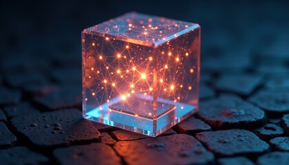 Obraz premium Abstract glowing cube containing bright interconnected particles and networks in a dark textured environment with blue