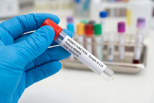 Gloved hand holding a sample tube for a kidney function test in a clinical laboratory