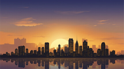 Urban Horizon: Golden Hour Cityscape Reflection © Rizky