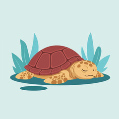 A turtle sleeps on water with plants © Busik