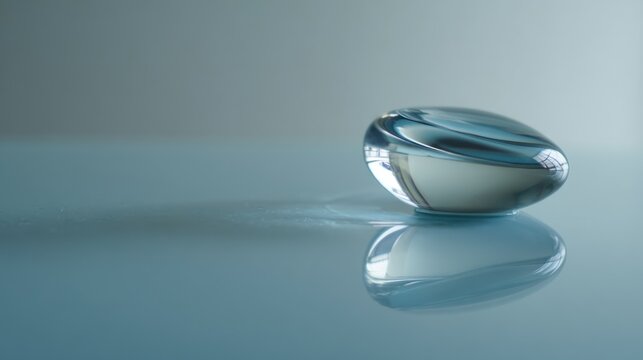 Serene Glass Orb: A captivating translucent glass orb, rests on a reflective surface, the play of light and shadow amplifying its smooth curves and elegant design.