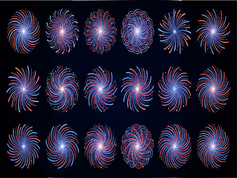 Glowing Neon Light Swirls, Colorful Spiral Shapes, Blue Red Gradient Vector Icons, 20 Abstract Elements
