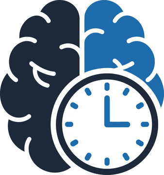 Brain time management icon with analog clock symbol for mental productivity and cognitive reaction speed planning.