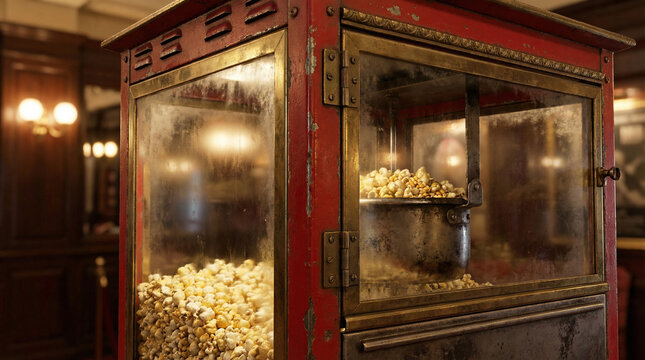 Vintage popcorn machine displaying freshly popped corn in caf&eacute;  