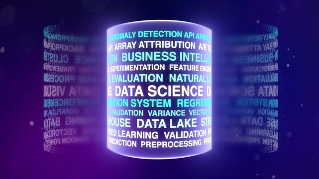 Futuristic Data Science Cylinder with AI, Machine Learning, Business Intelligence and Analytics Keywords Visualization