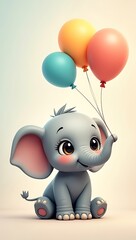 Naklejka premium A chubby baby elephant holding a colorful balloon with its trunk, big expressive eyes, soft shadows, pastel gradient background 