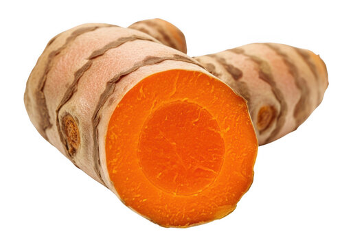 Fresh turmeric rhizome root cut in half showing vibrant orange interior, isolated on transparent background