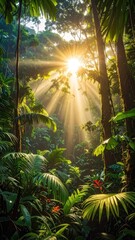 Naklejka premium Sunlight streams through the lush canopy of a vibrant rainforest, illuminating the dense foliage below.