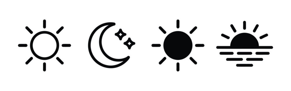 Time of day icons, vector set illustrating morning sunrise, bright noon sun, evening sunset, and night moon with stars for daily cycle, weather, astronomy, calendar, and environmental design concepts